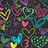 Pixelated heart shapes in multiple colors on a dark background, with a blue displaying green text on a pink background