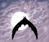 Black bat silhouette in five distinct poses against a purple cloudy sky with a white circular moon, each pose showing different wing positions and angles.