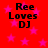 Red background with pink stars and black text reading "Ree Loves DJ" in four identical quadrants.