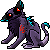 Pixel art creature with purple fur, red eyes, cyan accents, and a red symbol on its chest, posed in a crouched stance against a gray background.