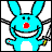 A 3x3 contact sheet of an animated blue bunny icon with red nose and yellow accents, displaying text variations across sampled frames.