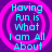 Four identical circular icons with pink concentric rings on a purple background, each displaying cyan text reading 'Having Fun is What I am All About'.