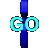 Animated sequence of blue and cyan 'GO' text within a circular arrow shape, transitioning through multiple color and shape variations.