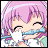 Pixelated anime-style character with pink hair and closed eyes holding a white object, next to black background with silver text.