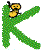 Green letter K with yellow monkey on top, transitioning through hanging and climbing poses across frames.