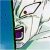 A pixelated close-up of a white creature's face with large eyes and purple mouth, set against blue-green background.