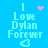 Pixelated blue background with light blue text reading "I Love Dylan Forever" in four vertical , each containing a heart symbol and pink pixel clusters