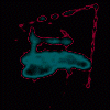 Four of a teal and red animated icon showing a shape with a red outline and teal fill, with red dots and lines changing position across frames