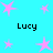 A static image with a cyan background featuring pink star shapes and the repeated text "Lucy" in black pixelated font.