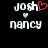 Pixelated text displays 'josh' with an orange heart replacing the 'o', 'nancy', and a small gray heart between them on black background.