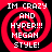 Four identical pixelated red and black spiral icons with white text reading "IM CRAZY AND HYPER!!! MEGAN STYLE!" arranged in a