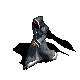 Pixelated character in dark hooded outfit with glowing orange eyes, shown in multiple poses against gray background.