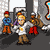 Pixelated cartoon scene with multiple characters in a room, featuring a central figure in white shirt and brown pants, two figures in blue shirts and orange pants, and a figure in brown with red pants, all with distinct poses.