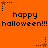 Orange background with repeated 'happy halloween!!!' text and star icons in black, brown, and orange.