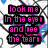 Pixelated text reads 'look me in the eye and see the tears!' over a star-shaped graphic with pink, blue, and white colors on a chain-link fence background.