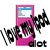 A pink rectangular device with a blue screen displays a white face with black hair and a wide smile, surrounded by black pixelated fragments and partial text.
