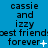 Blue background with repeated text 'cassie and izzy best friends forever' in black, featuring animated white symbols changing across three