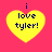 Four yellow heart-shaped icons with dark blue text "i love tyler!" on a bright pink background, arranged in a