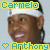 Pixelated image of a person with dark skin wearing white headband and earrings, smiling broadly with visible teeth, yellow and blue text above and below the face.