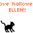 Pixelated black cat icon with orange text reading 'ove halloweve ELLEN!!' appears in three positions against white and gray backgrounds.