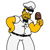 Pixelated character in white lab coat with black belt, yellow sleeves, and gray limbs holding a brown object in right hand and a beaker in left hand.