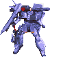 Pixelated mecha robot in four sequential poses with green energy beam effects, holding a large sword-like weapon.