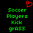Pixelated green text on black background with red heart symbol above, displaying 'Soccer Players Kick grass' in two identical