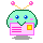 Pixel art character with light green head, blue eyes, pink cheeks, and antennae holding a pink rectangular object with horizontal lines and an orange square.