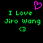 Pixelated green text reads "I Love Jiro Wang" with a pink heart above and a green <3 below on black background.