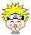 Pixel art of a character with spiky yellow hair and a silver headband featuring a blue emblem, shown in two sequential expressions against a gray background.