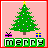 A 48x48 pixel animated contact sheet showing two frames of a Christmas-themed buddy icon with a green tree, gifts, and text changing from "merry" to "xmas".