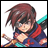 Pixelated anime-style character with brown hair and dark eye covering, wearing blue and red clothing, holding a sword with a brown hilt and teal blade against a white background.