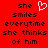 Red background with black pixelated text reading "she smiles everytime she thinks of him" and a white heart symbol replacing the 'o' in 'smiles'.