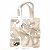 A beige tote bag with a floral pattern and dark brown rectangular logo, displayed in three slightly different positions against a white background with scattered gray pixels.
