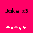 Pixelated text 'Jake x3' appears above five heart icons on a bright pink background, with one heart changing color between two states.