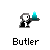 Pixelated butler figure in black-and-white attire holding a teal tray with a blue-tinted bottle, with text bubbles changing between 'WATER.' and 'SIP?' above the figure.