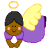 Pixelated angel figure with brown skin, black hair, pink cheeks, and a purple dress against gray background.
