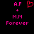 Pixelated text and symbols on black background: 'A.F' above '+' above 'M.M' above 'Forever' in pink, with red heart symbol replacing '+' in left view.