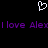 Pixelated white heart symbol above purple text reading 'I love Alex' repeated twice on black background.