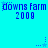 Blue pixelated text 'downs farm' and '2009' repeated on cyan background with small star and dot animations.
