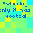 Pixelated text on a green and yellow background with blue lettering, showing repeated phrases about swimming and football
