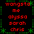 Red text listing names within a green pixelated border on black background, with repeated patterns and star-like symbols.