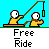 Pixelated animation of two yellow figures on a boat fishing, with 'Free Ride' text below each frame.