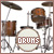 Static pixel art of a drum kit with cymbals, toms, and a bass drum featuring the word 'DRUMS' in blocky text.