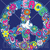 Three identical circular peace signs filled with colorful floral patterns on a dark blue background.
