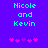 Pixelated text 'Nicole and Kevin' in cyan on purple background with pink heart symbols below, two variations of heart arrangement visible.
