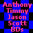 Pixelated pink text lists names and 'BDs' on a blue-and-black checkered background with two identical repeated sections.