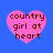 Four pink heart-shaped icons with dark brown text reading 'country girl at heart' on a solid blue background, arranged in a
