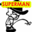 Animated black-and-white stick figure wearing a cowboy hat, running with arms swinging and legs extended; yellow banner above reads 'SUPERMAN' in red text.