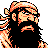Pixelated cartoon character with long black beard, orange hair, and fiery accents on a white background.